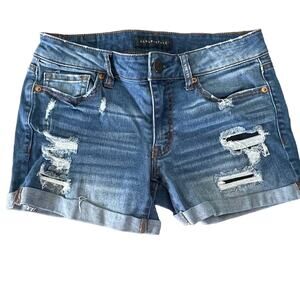 Aero Jean Short Light Blue Wash Distressed Torn Holes Denim Inseam 3 Cuffed Sz 2